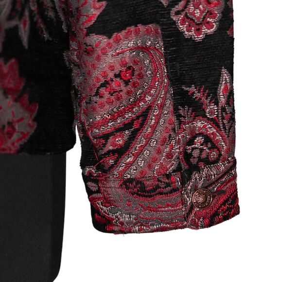 Chico's Women's Jacket Red Black Paisley Button Pockets Woven Jacquard 1 M/8 - Picture 9 of 9